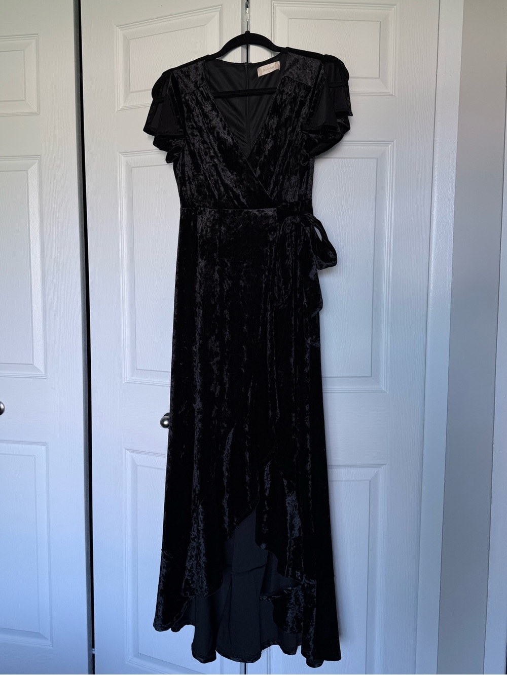 Altar’d State Black Crushed Velvet Faux Wrap Maxi Dress Size Small High Low